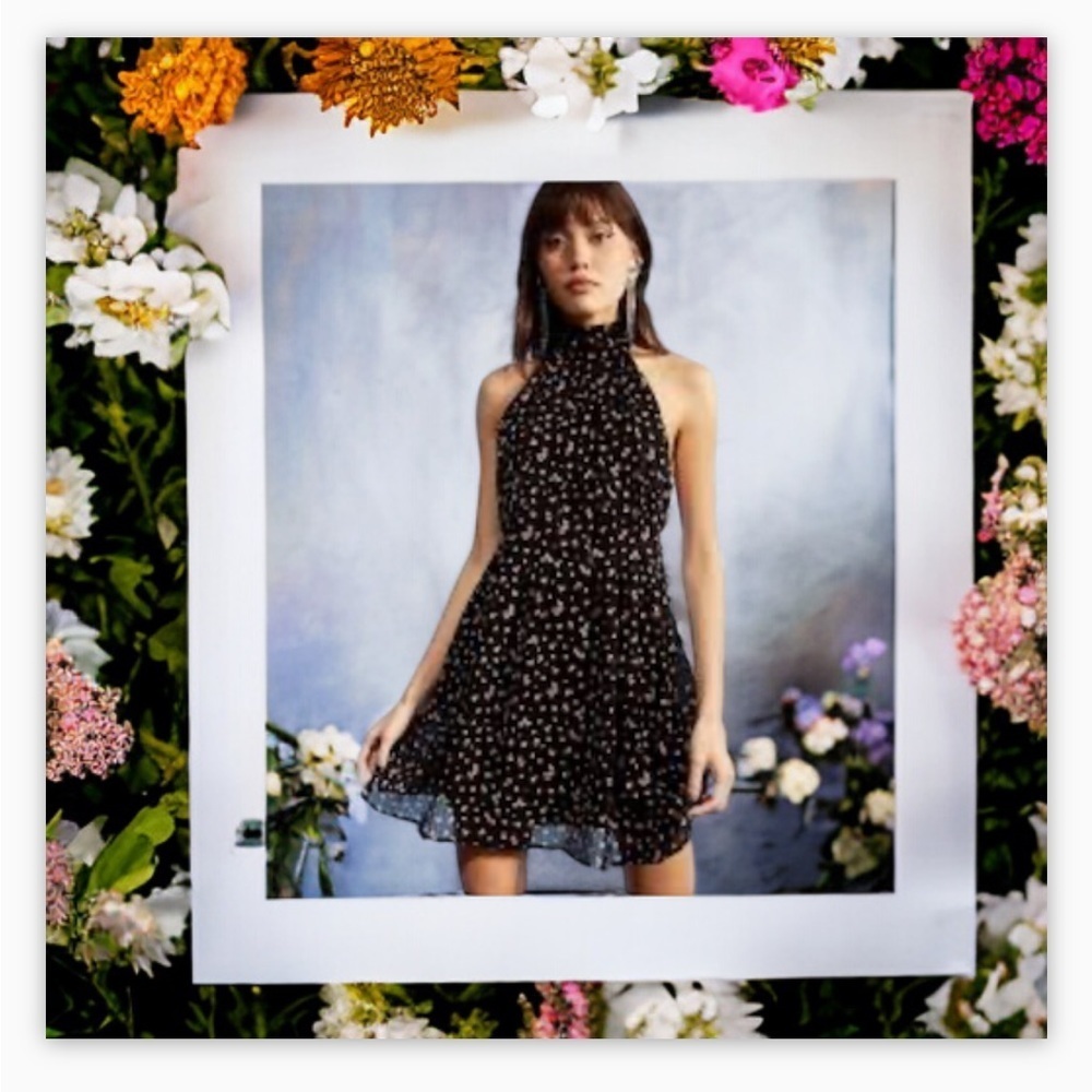 Tulle- Anthropologie -Black-Multicolor-Dot- Tie Back Halter Dress-SzS-NWOT LBD🖤‌